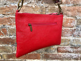 Small leather bag in RED. 2 straps: embroidered + 1 leather. GENUINE leather cross body / shoulder bag. Red purse with zipper and wistlet.