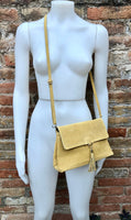 Boho suede leather crossbody bag in yellow. Genuine leather yellow purse. Yellow retro bag with zipper, flap + adjustable strap. Suede purse