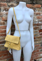 Boho suede leather crossbody bag in yellow. Genuine leather yellow purse. Yellow retro bag with zipper, flap + adjustable strap. Suede purse