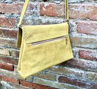 Boho suede leather crossbody bag in yellow. Genuine leather yellow purse. Yellow retro bag with zipper, flap + adjustable strap. Suede purse