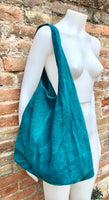 Large TOTE leather bag in teal GREEN with ZIPPER. Dark turquoise genuine leather shopper. Blue-Green suede slouch bag. Green suede purse