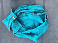 Large TOTE leather bag in teal GREEN with ZIPPER. Dark turquoise genuine leather shopper. Blue-Green suede slouch bag. Green suede purse