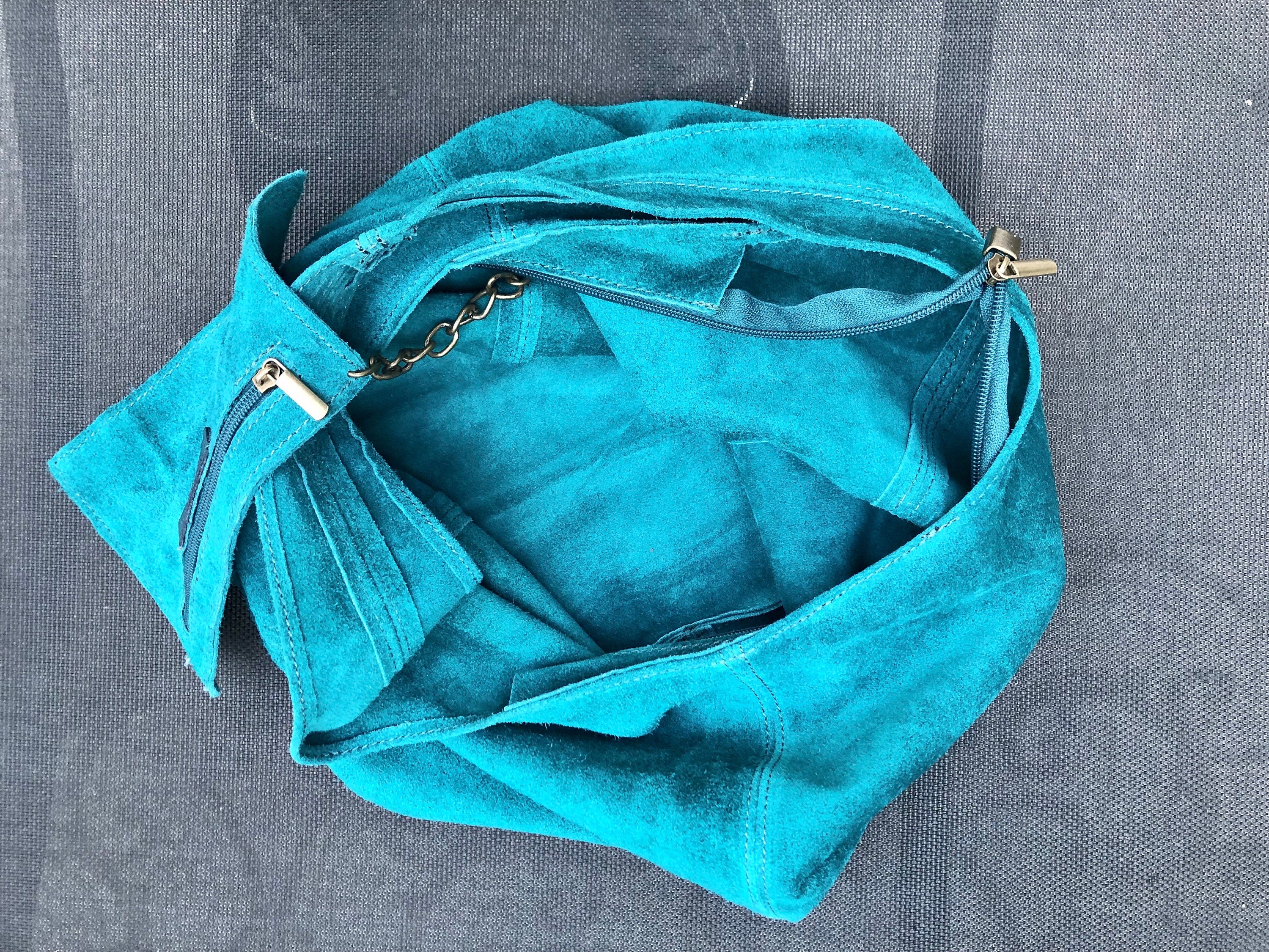 Large TOTE leather bag in teal GREEN with ZIPPER. Dark turquoise genuine leather shopper. Blue-Green suede slouch bag. Green suede purse