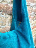 Large TOTE leather bag in teal GREEN with ZIPPER. Dark turquoise genuine leather shopper. Blue-Green suede slouch bag. Green suede purse