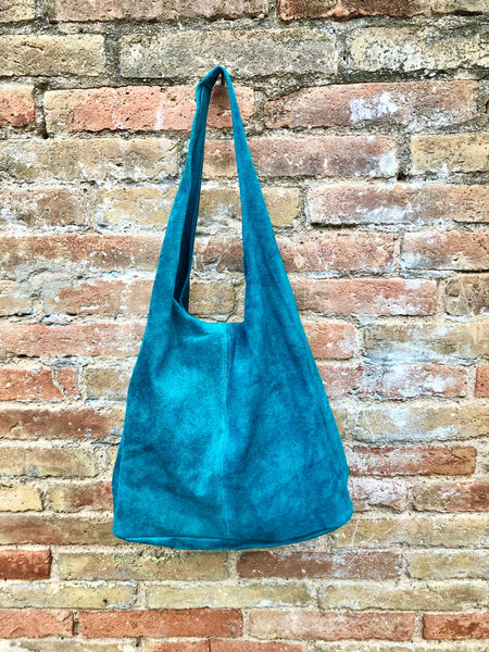 Large TOTE leather bag in teal GREEN with ZIPPER. Dark turquoise genuine leather shopper. Blue-Green suede slouch bag. Green suede purse