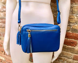 Small leather bag in dark cobalt blue. GENUINE leather shoulder or crossbody bag. Royal blue purse, adjustable strap and zipper.