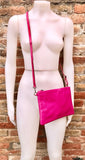 Small leather bag in Fuchsia pink. Cross body, shoulder bag or wristlet in GENUINE leather. Pink purse with adjustable strap. Soft leather.