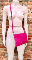 Small leather bag in Fuchsia pink. Cross body, shoulder bag or wristlet in GENUINE leather. Pink purse with adjustable strap. Soft leather.