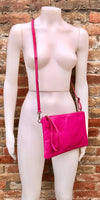 Small leather bag in Fuchsia pink. Cross body, shoulder bag or wristlet in GENUINE leather. Pink purse with adjustable strap. Soft leather.