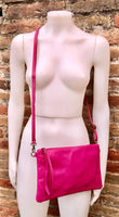 Small leather bag in Fuchsia pink. Cross body, shoulder bag or wristlet in GENUINE leather. Pink purse with adjustable strap. Soft leather.