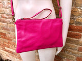 Small leather bag in Fuchsia pink. Cross body, shoulder bag or wristlet in GENUINE leather. Pink purse with adjustable strap. Soft leather.