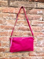 Small leather bag in Fuchsia pink. Cross body, shoulder bag or wristlet in GENUINE leather. Pink purse with adjustable strap. Soft leather.