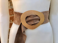 Light brown suede waist belt with large metal buckle. Soft suede belt in taupe color. Boho suede belt. Greyge genuine natural suede leather.