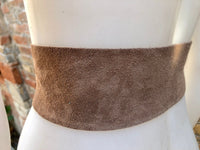 Light brown suede waist belt with large metal buckle. Soft suede belt in taupe color. Boho suede belt. Greyge genuine natural suede leather.