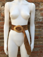 Camel brown suede waist belt with large metal buckle. Soft suede belt in light saddle brown. Boho suede belt. Genuine natural suede leather.