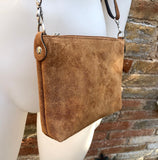 Suede leather bag in CAMEL brown. Cross body bag, shoulder bag in GENUINE leather. Small leather purse in saddle brown suede