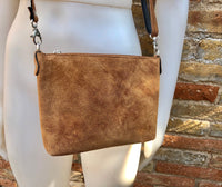 Suede leather bag in CAMEL brown. Cross body bag, shoulder bag in GENUINE leather. Small leather purse in saddle brown suede