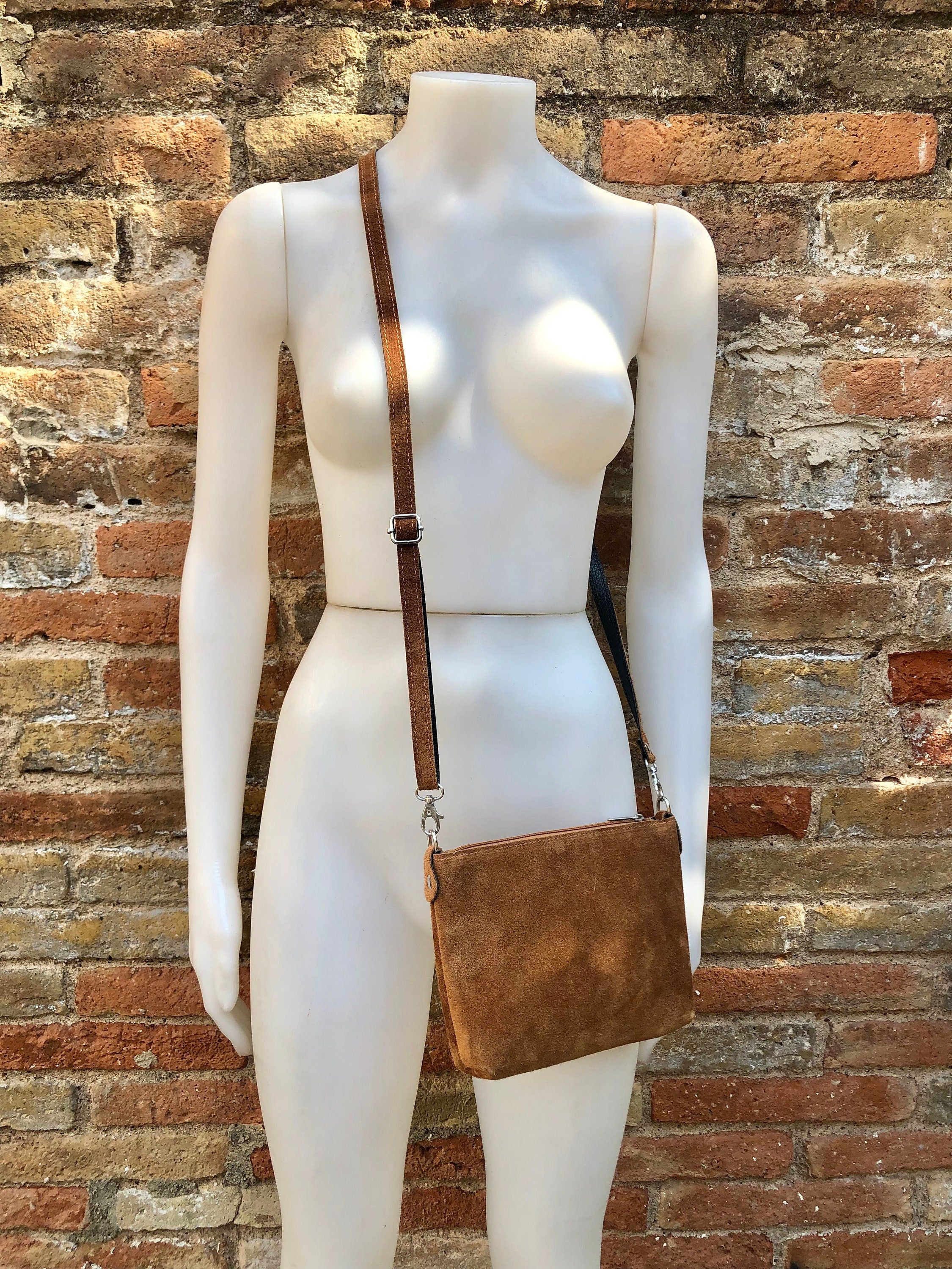 Suede leather bag in CAMEL brown. Cross body bag, shoulder bag in GENUINE leather. Small leather purse in saddle brown suede