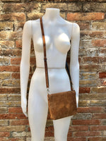 Suede leather bag in CAMEL brown. Cross body bag, shoulder bag in GENUINE leather. Small leather purse in saddle brown suede