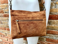 Camel brown cross body bag in genuine SUEDE leather. BOHO purse in saddle brown. Soft natural suede leather bag with zipper. Brown messenger