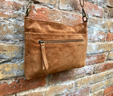 Camel brown cross body bag in genuine SUEDE leather. BOHO purse in saddle brown. Soft natural suede leather bag with zipper. Brown messenger