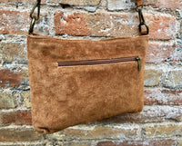 Camel brown cross body bag in genuine SUEDE leather. BOHO purse in saddle brown. Soft natural suede leather bag with zipper. Brown messenger