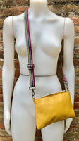 Small leather bag in mustard YELLOW with extra guitar strap. GENUINE leather cross body bag. Yellow purse with zipper and decorative buckle