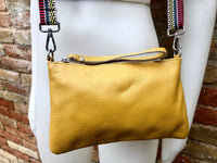 Small leather bag in mustard YELLOW with extra guitar strap. GENUINE leather cross body bag. Yellow purse with zipper and decorative buckle