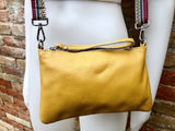 Small leather bag in mustard YELLOW with extra guitar strap. GENUINE leather cross body bag. Yellow purse with zipper and decorative buckle