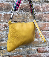 Small leather bag in mustard YELLOW with extra guitar strap. GENUINE leather cross body bag. Yellow purse with zipper and decorative buckle