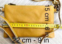 Small leather bag in mustard YELLOW with extra guitar strap. GENUINE leather cross body bag. Yellow purse with zipper and decorative buckle