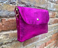 Small leather bag in metallic pink. Fuchsia crossbody or shoulder bag in GENUINE leather. Hot pink purse with metallic chain strap in gold