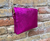 Small leather bag in metallic pink. Fuchsia crossbody or shoulder bag in GENUINE leather. Hot pink purse with metallic chain strap in gold