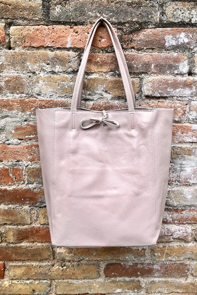 Tote leather bag in light pink. Soft natural GENUINE leather bag. Large dusty pink leather shopper bag, Laptop bag. With ZIPPER. Pink purse