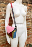 Small cross body bag in genuine leather. Enveloppe bag with adjustable strap + flap. Boho multicolor purse in green, blue, pink, burgundy