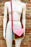 Small cross body bag in genuine leather. Enveloppe bag with adjustable strap + flap. Boho multicolor purse in green, blue, pink, burgundy