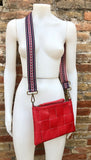 Small leather bag in RED. 2 straps: embroidered + 1 leather. GENUINE leather cross body / shoulder bag. Red purse with zipper and wistlet.