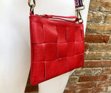 Small leather bag in RED. 2 straps: embroidered + 1 leather. GENUINE leather cross body / shoulder bag. Red purse with zipper and wistlet.