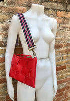 Small leather bag in RED. 2 straps: embroidered + 1 leather. GENUINE leather cross body / shoulder bag. Red purse with zipper and wistlet.