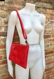 Small leather bag in RED. 2 straps: embroidered + 1 leather. GENUINE leather cross body / shoulder bag. Red purse with zipper and wistlet.