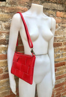 Small leather bag in RED. 2 straps: embroidered + 1 leather. GENUINE leather cross body / shoulder bag. Red purse with zipper and wistlet.