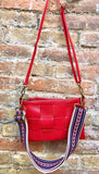 Small leather bag in RED. 2 straps: embroidered + 1 leather. GENUINE leather cross body / shoulder bag. Red purse with zipper and wistlet.