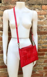 Small leather bag in RED. 2 straps: embroidered + 1 leather. GENUINE leather cross body / shoulder bag. Red purse with zipper and wistlet.