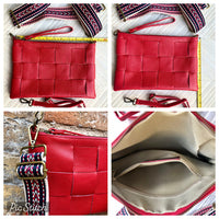 Small leather bag in RED. 2 straps: embroidered + 1 leather. GENUINE leather cross body / shoulder bag. Red purse with zipper and wistlet.