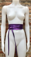 PURPLE leather OBI belt. Wide waist belt in soft genuine leather. Metallic shine wraparound belt, boho dress belt in silver color leather.