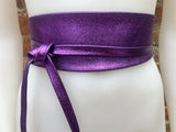 PURPLE leather OBI belt. Wide waist belt in soft genuine leather. Metallic shine wraparound belt, boho dress belt in silver color leather.