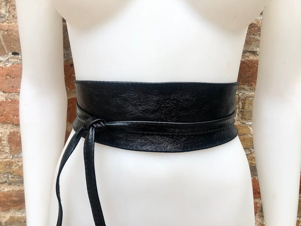 Black bi belt in soft leather. Wrap belt in metallic BLACK. Waist wraparound belt in black genuine leather. Boho black waist cinch belt.