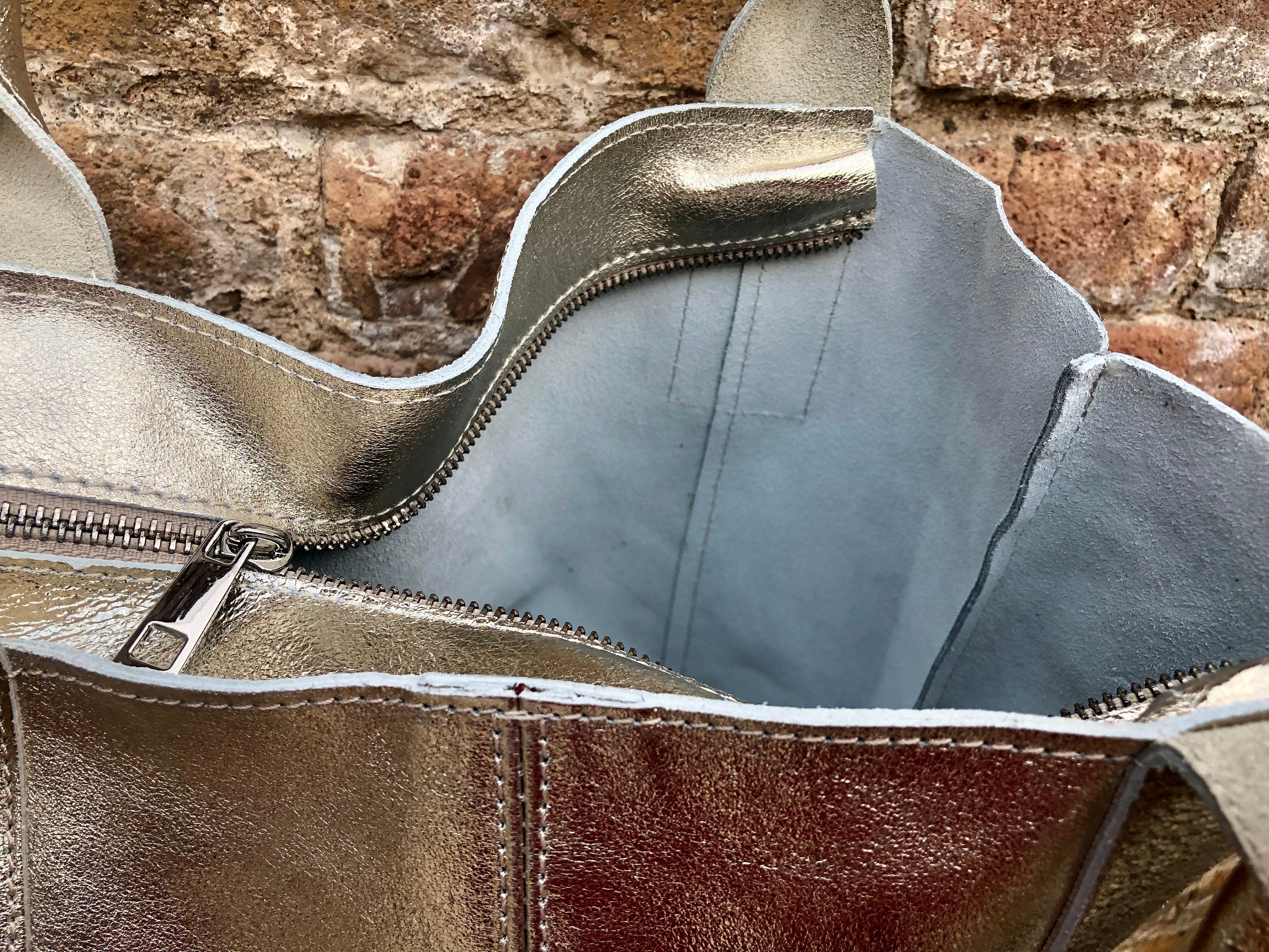 Shoulder leather bag in GOLD. GENUINE leather shopper bag. Large carry all bag for your laptop, books. Metallic effect golden leather purse