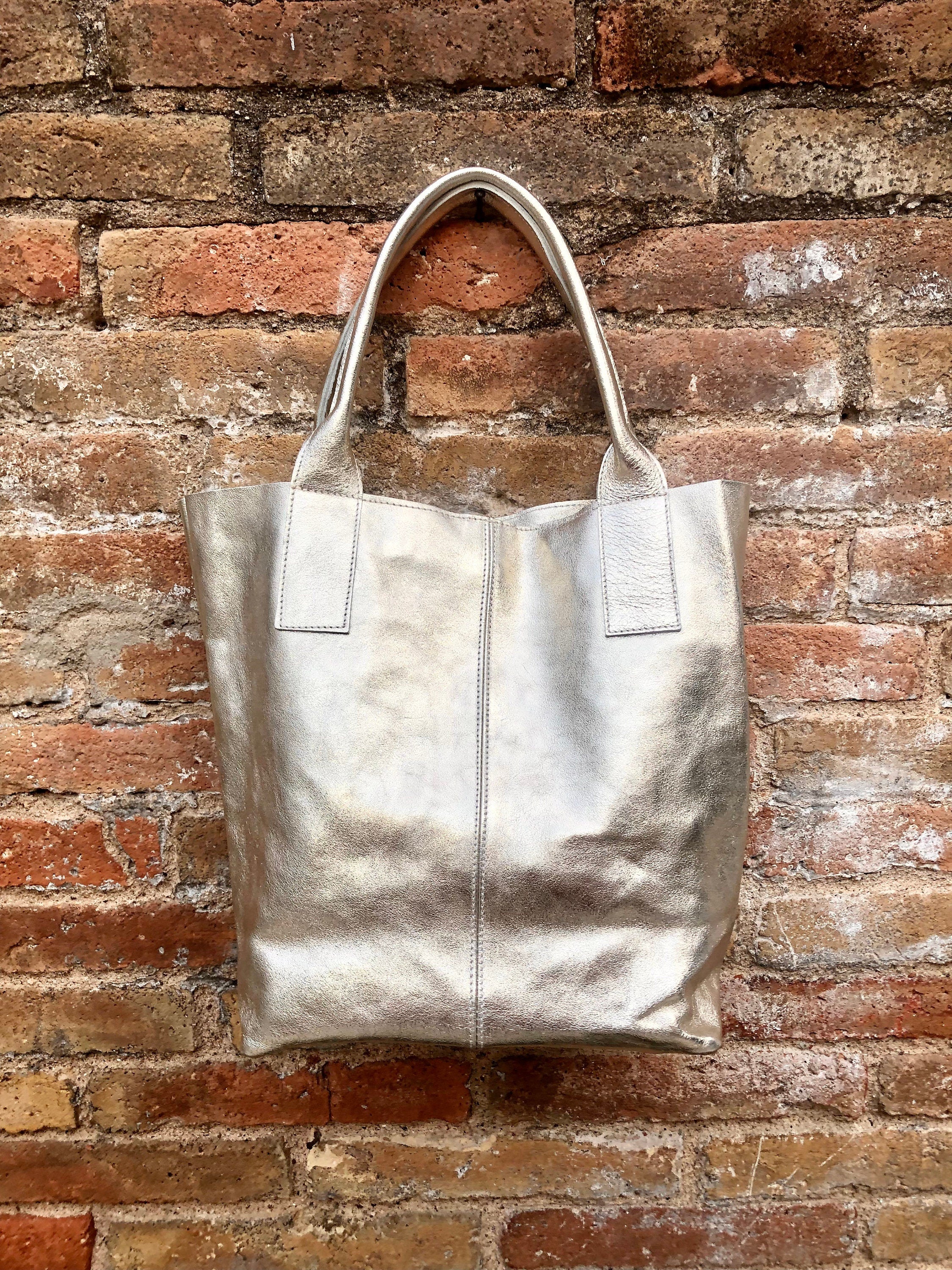 Shoulder leather bag in GOLD. GENUINE leather shopper bag. Large carry all bag for your laptop, books. Metallic effect golden leather purse
