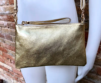 Small leather bag in GOLD .Cross body, shoulder bag or wristlet in GENUINE leather. Golden leather bag with adjustable strap. Gold purse